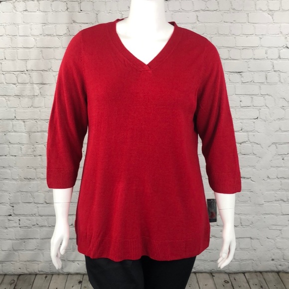 Soft Red V Neck 3/4 Sleeve Sweater Plus Size 1X - Picture 2 of 4